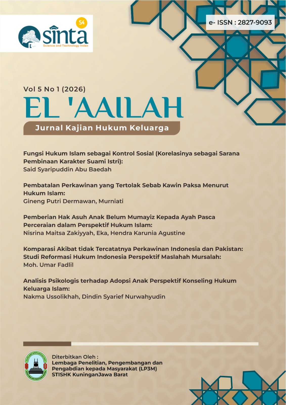 					View Vol. 5 No. 1 (2026): El 'Aailah: Jurnal Kajian Hukum Keluarga
				